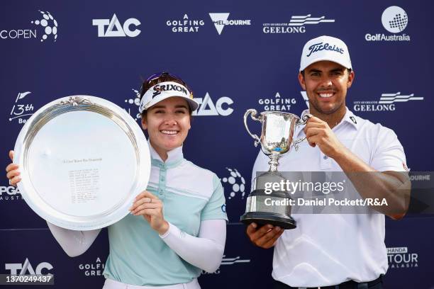 Hannah Green and Dimitrios Papadatos hold their trophies after winning The Open Qualifying Series, part of the Vic Open at 13th Beach Golf Links on...