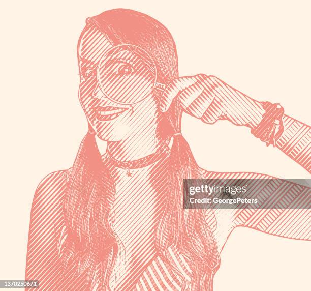 woman holding magnifying glass with large eye - visual learning stock illustrations