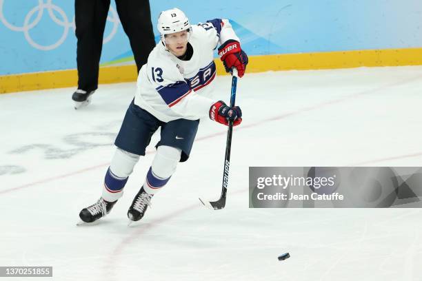 Nathan Smith of USA during the Men's Ice Hockey Preliminary Round Group A match between Team Canada and Team United States on Day 8 of the Beijing...