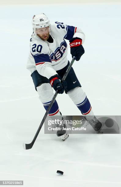 Steven Kampfer of USA during the Men's Ice Hockey Preliminary Round Group A match between Team Canada and Team United States on Day 8 of the Beijing...