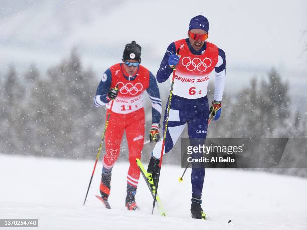 Ristomatti Hakola of Team Finland competes during the Men's Cross-Country Skiing 4x10km Relay on Day 9 of the Beijing 2022 Winter Olympics at The...