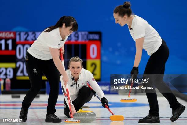 Halley Duff, Vicky Wright and Jennifer Dodds of Team Great Britain compete against Team Denmark during the Women's Curling Round Robin Session on Day...