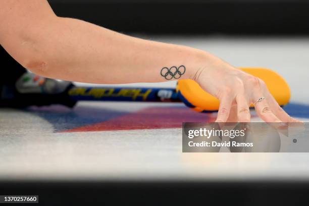 Sara McManus of Team Sweden competes against Team United States during the Women's Curling Round Robin Session on Day 9 of the Beijing 2022 Winter...