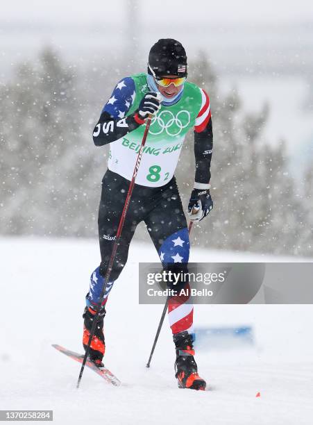 Scott Patterson of Team United States compete during the Men's Cross-Country Skiing 4x10km Relay on Day 9 of the Beijing 2022 Winter Olympics at The...