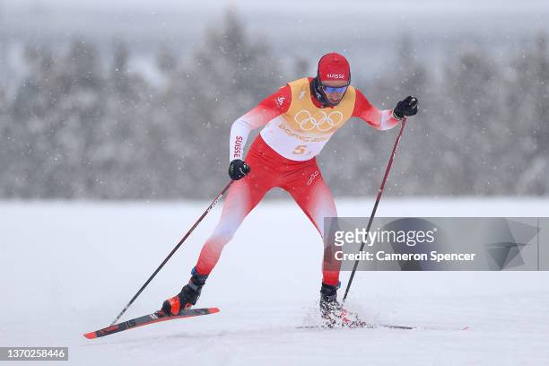 Candide Pralong of Team Switzerland competes during the Men's Cross-Country Skiing 4x10km Relay on Day 9 of the Beijing 2022 Winter Olympics at The...
