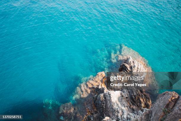 directly above scenic view of rocks and sea against clear blue sky in mediterranean sea - mediterranean sea 個照片及圖片檔