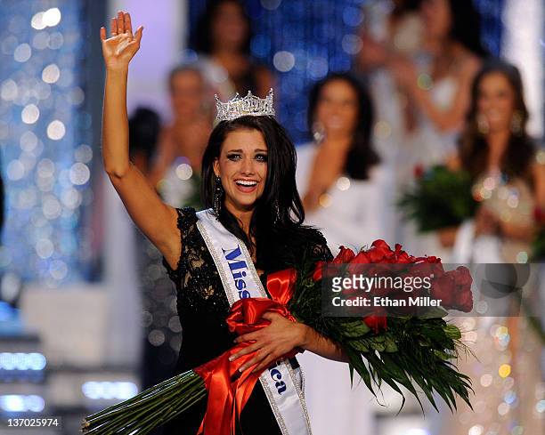 Laura Kaeppeler, Miss Wisconsin, reacts after being crowned Miss America during the 2012 Miss America Pageant at the Planet Hollywood Resort & Casino...