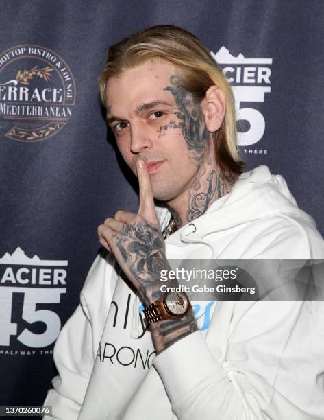 Singer and producer Aaron Carter arrives at the "Kings of Hustler" male revue at Larry Flynt's Hustler Club on February 12, 2022 in Las Vegas, Nevada.