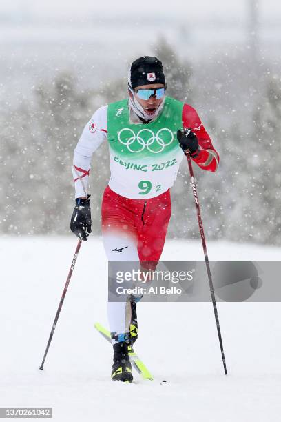Hiroyuki Miyazawa of Team Japan competes during the Men's Cross-Country Skiing 4x10km Relay on Day 9 of the Beijing 2022 Winter Olympics at The...