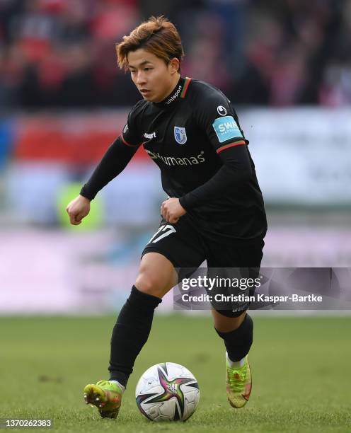 Tatsuya Ito of 1.FC Magdeburg in action during the 3. Liga match between 1. FC Kaiserslautern and 1. FC Magdeburg at Fritz-Walter-Stadion on February...