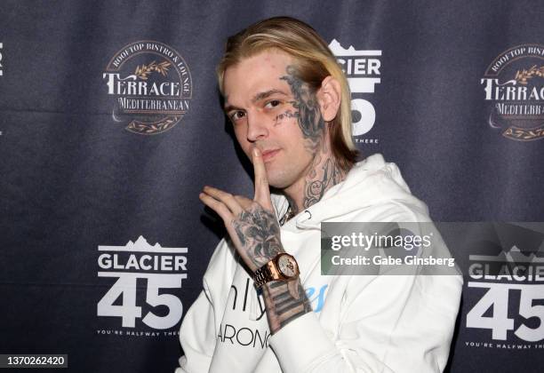 Singer and producer Aaron Carter arrives at the "Kings of Hustler" male revue at Larry Flynt's Hustler Club on February 12, 2022 in Las Vegas, Nevada.