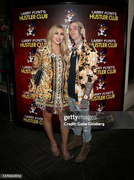 Model Melanie Martin and her fiance, singer and producer Aaron Carter, arrive at Larry Flynt's Hustler Club on February 12, 2022 in Las Vegas, Nevada.