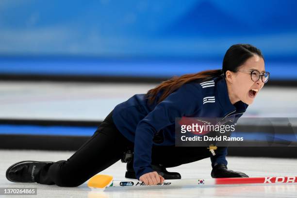 Kim Eun-jung of Team South Korea reacts against Team China during the Women's Curling Round Robin Session on Day 9 of the Beijing 2022 Winter Olympic...