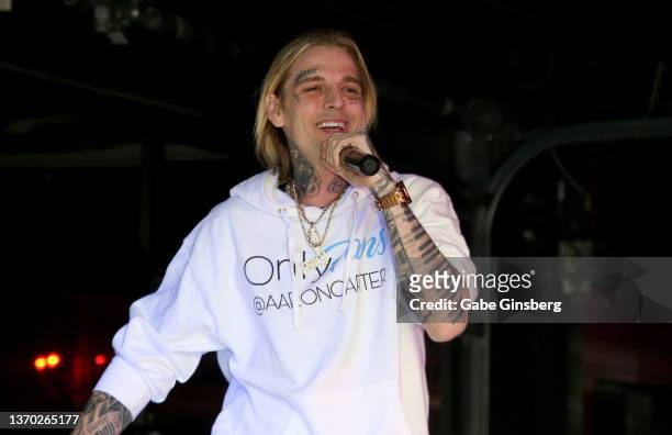Singer and producer Aaron Carter performs at the "Kings of Hustler" male revue at Larry Flynt's Hustler Club on February 12, 2022 in Las Vegas,...