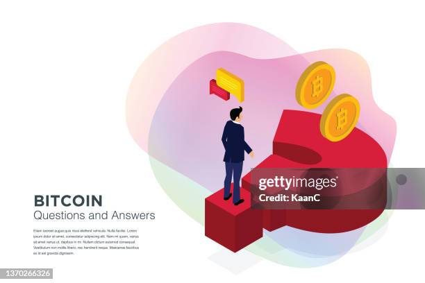 bitcoin isometric composition with bitcoin symbol, analysts and managers working on crypto start up. landing page template. vector isometric illustration. stock illustration - faq isometric stock illustrations