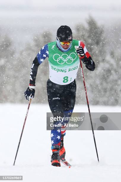 Scott Patterson of Team United States competes during the Men's Cross-Country Skiing 4x10km Relay on Day 9 of the Beijing 2022 Winter Olympics at The...