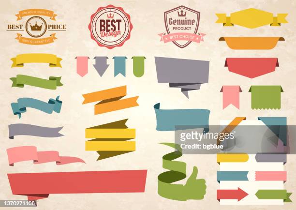 set of colorful vintage ribbons, banners, badges, labels - design elements on retro background - placard stock illustrations