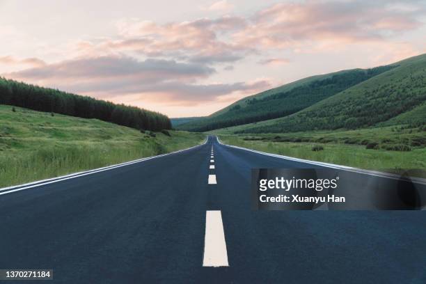 road across the grassland at sunset - green vanishing point stock pictures, royalty-free photos & images