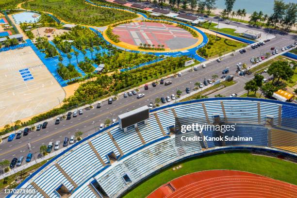 aerial view of sports court in public park at songkhla city,thailand,sports court in residential district - park city background stock pictures, royalty-free photos & images