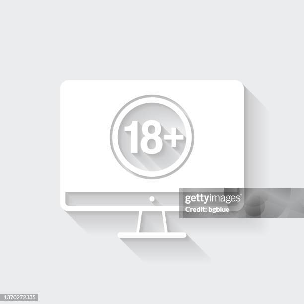 desktop computer with eighteen plus sign (18+). icon with long shadow on blank background - flat design - computer desk overhead stock illustrations