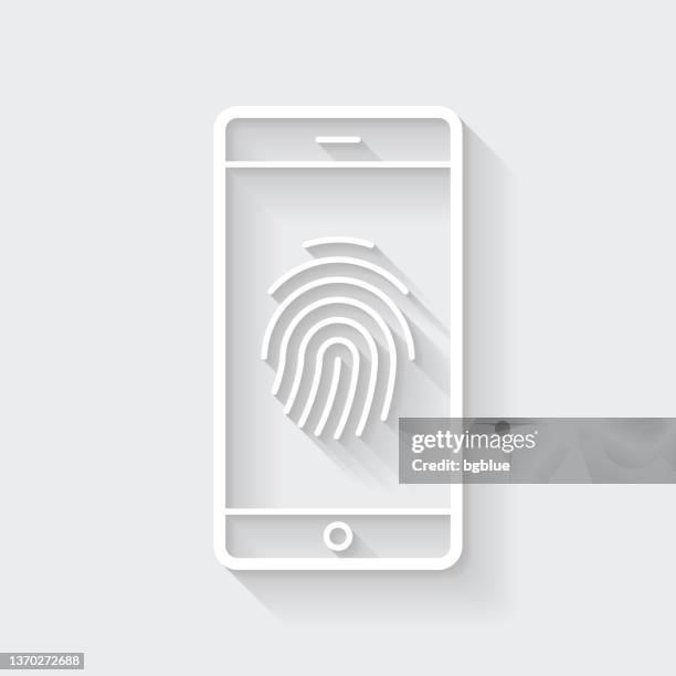 smartphone with fingerprint. icon with long shadow on blank background - flat design - handheld barcode scanner stock illustrations