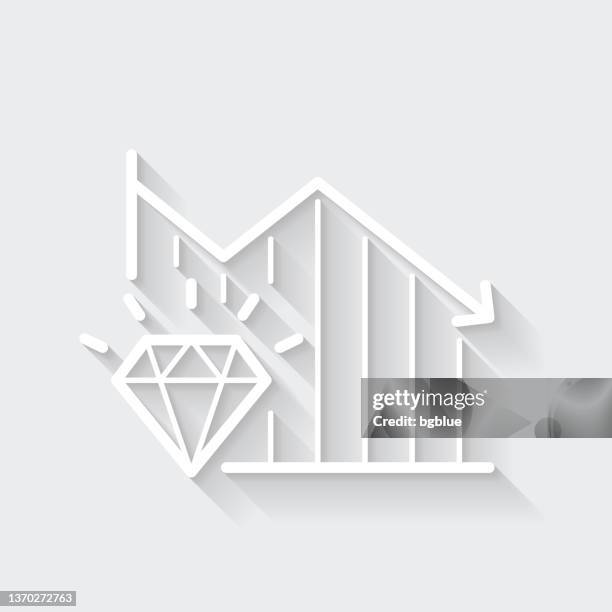declining graph with diamond. icon with long shadow on blank background - flat design - stone falling stock illustrations
