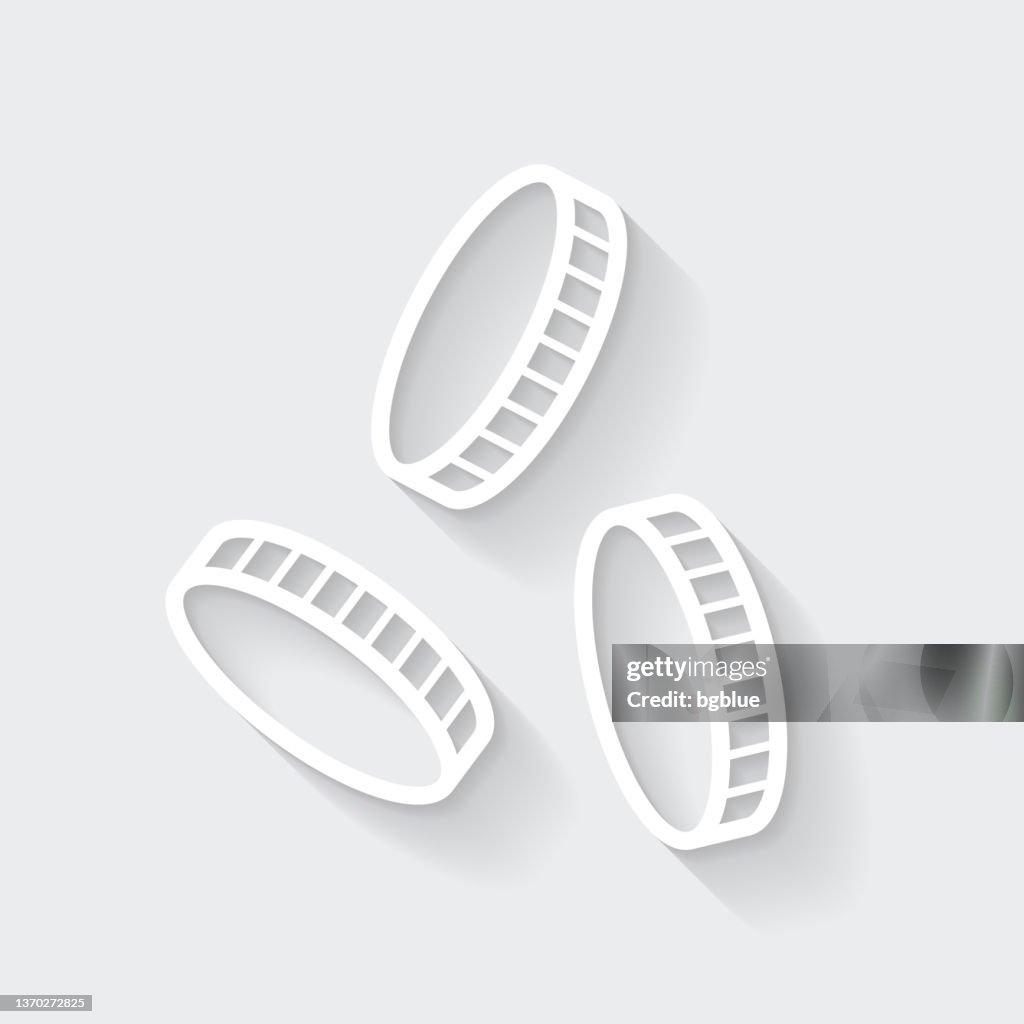 Münzen fallen. Icon mit langem Schatten auf leerem Hintergrund - Flat Design