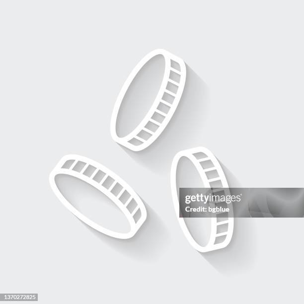 coins falling. icon with long shadow on blank background - flat design - coin stock illustrations
