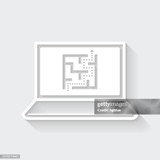 laptop with maze. icon with long shadow on blank background - flat design - white game controller stock illustrations
