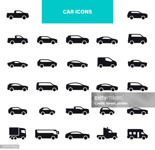 ilustraciones, imágenes clip art, dibujos animados e iconos de stock de iconos negros de coche. objetos modelo, automóvil, transporte, coche eléctrico - sedan