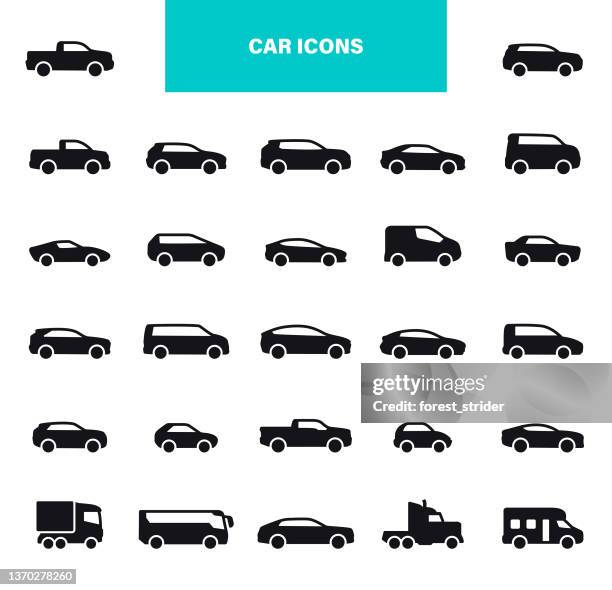 car black icons. model objects, automobile, transportation, electric car - prestige car stock illustrations