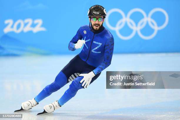 Denis Nikisha of Team Kazakhstan reacts after skating during the Men's 500m Quarterfinals on day nine of the Beijing 2022 Winter Olympic Games at...