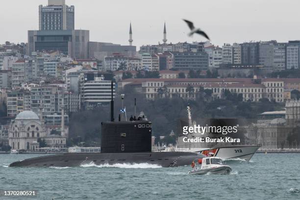 The Russian Navy’s Kilo-class submarine Rostov-na-Donu B-237 is escored by Turkish Coastal Guard during the transits of the Bosphorus Strait en route...