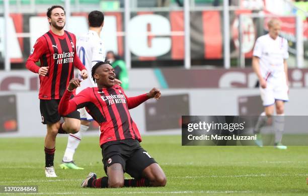 Rafael Leao of AC Milan celebrates after scoring the opening goal during the Serie A match between AC Milan and UC Sampdoria at Stadio Giuseppe...