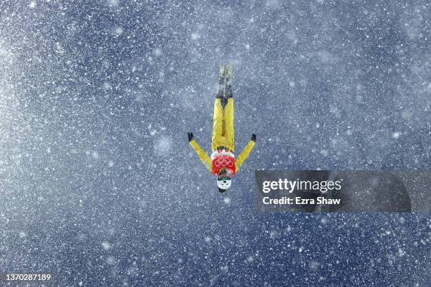 Akmarzhan Kalmurzayeva of Team Kazakhstan performs a trick on a practice run ahead of the Women's Freestyle Skiing Aerials Qualification on Day 9 of...