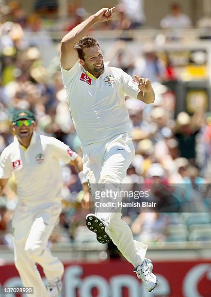 Ben Hilfenhaus of Australia celebrates the wicket of Ishant Sharma of India during day three of the Third Test match between Australia and India at...