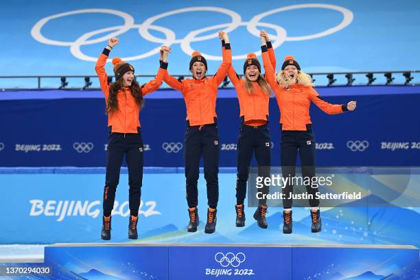 Gold medallists Team Netherlands celebrate during the Women's 3000m Relay Final A flower ceremony on day nine of the Beijing 2022 Winter Olympic...
