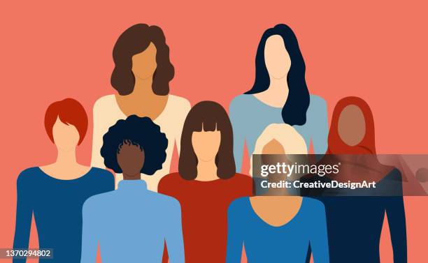 happy international women's day concept with different nationalities and ethnicities of women stand together. freedom, gender equality and female empowerment. - diverse females stock illustrations