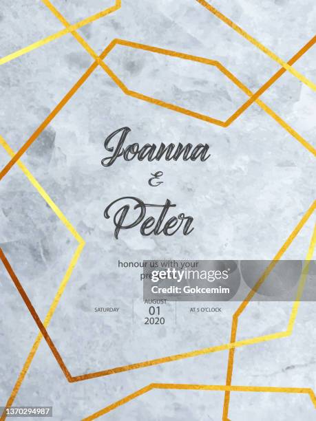 wedding invitation card on white marble texture with golden geometric frame pattern. elegant rustic template. all elements are isolated and editable .greeting card template as wedding, birthday party or social event concept. - limestone stock illustrations