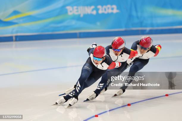 Team South Korea skate during the Men's Team Pursuit Quarterfinals on day nine of the Beijing 2022 Winter Olympic Games at National Speed Skating...