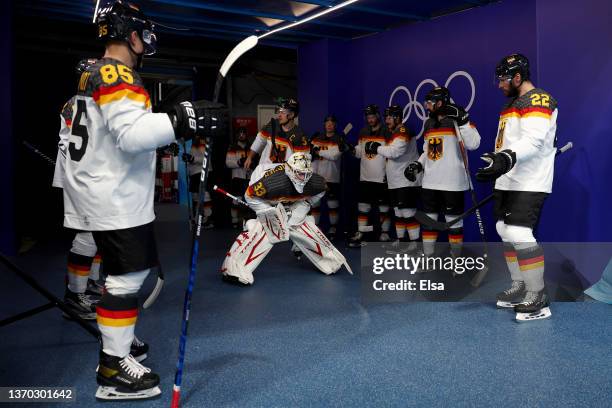 Danny aus den Birken of Team Germany and team mates in the tunnel before the Men's Ice Hockey Preliminary Round Group A match between Team United...