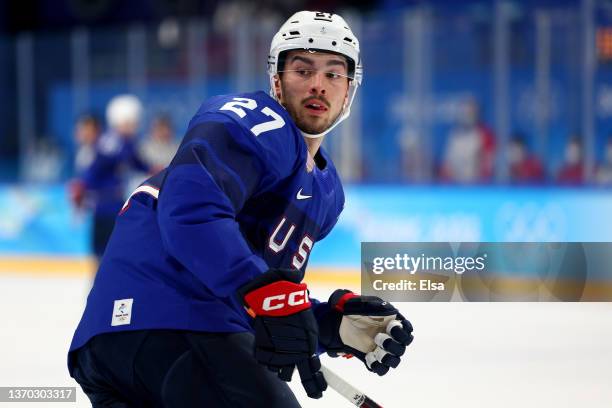 Noah Cates of Team United States skates during the Men's Ice Hockey Preliminary Round Group A match between Team United States and Team Germany on...