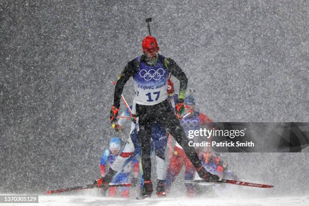 Roman Rees of Team Germany skis during the Biathlon Men's 12.5km Pursuit on Day 9 of Beijing 2022 Winter Olympics at National Biathlon Centre on...