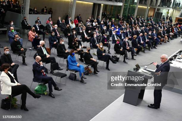 Former and newly elected German President Frank-Walter Steinmeier holds a speech after his re-election in front of the Federal Assembly on February...