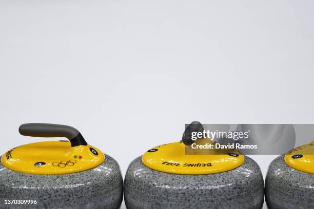 Detailed view of Team Italy curling stones during the Men's Curling Round Robin Session 7 on Day 9 of the Beijing 2022 Winter Olympic Games at...