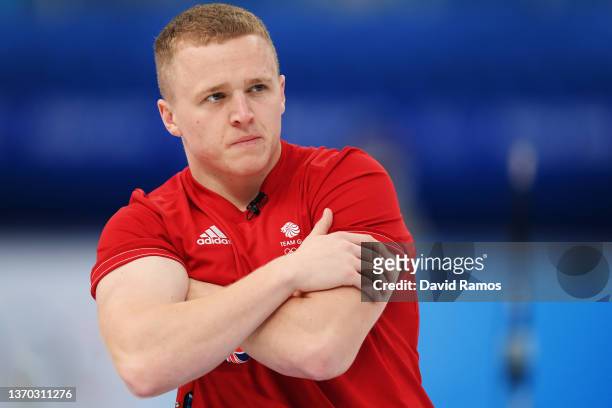 Bobby Lammie of Team Great Britain looks on while competing against Team Denmark during the Men's Curling Round Robin Session 7 on Day 9 of the...