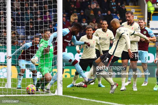 Fabinho of Liverpool scores the opening goal during the Premier League match between Burnley and Liverpool at Turf Moor on February 13, 2022 in...