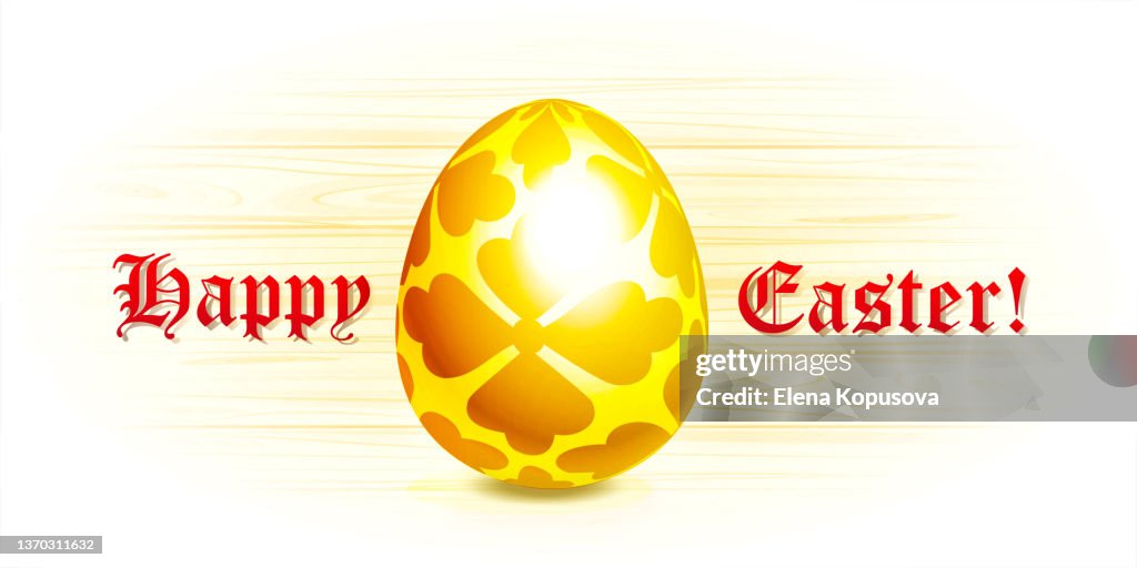 Happy Easter! Golden Easter egg with religious ornaments on a neutral wooden background. Graphic vector illustration in EPS 10 format.