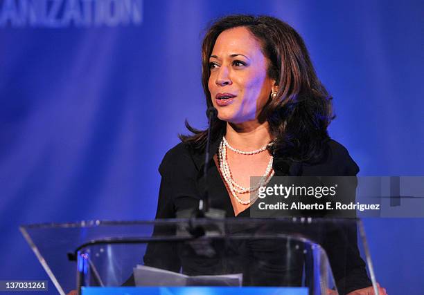 Attorney General of California Kamala Harris speaks onstage at the Cinema For Peace event benefitting J/P Haitian Relief Organization in Los Angeles...