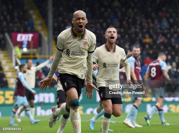 Fabinho of Liverpool celebrates after scoring the opening goal during the Premier League match between Burnley and Liverpool at Turf Moor on February...